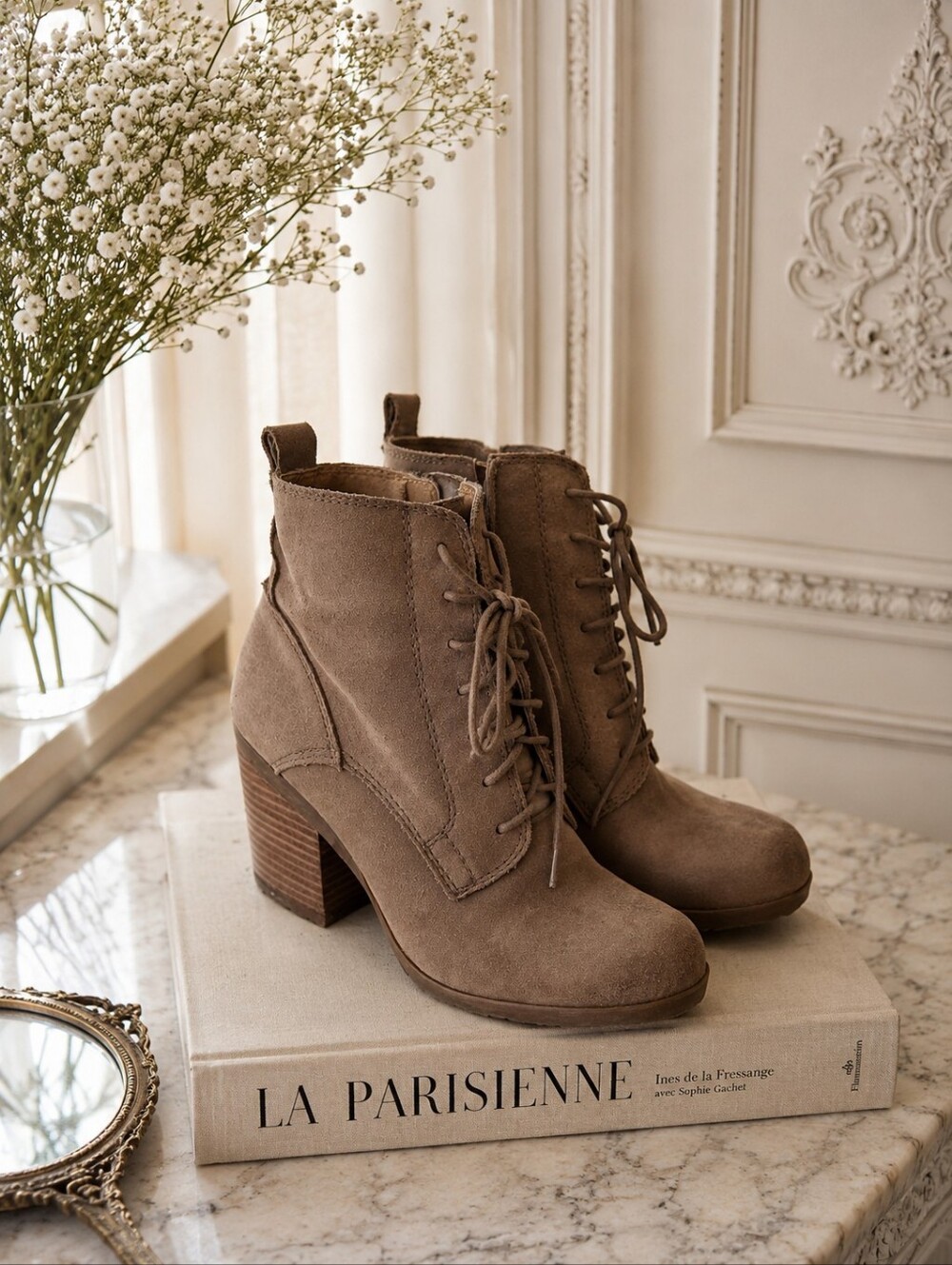 Lucky Brand Taupe Lace-Up Ankle Booties with Side Zipper